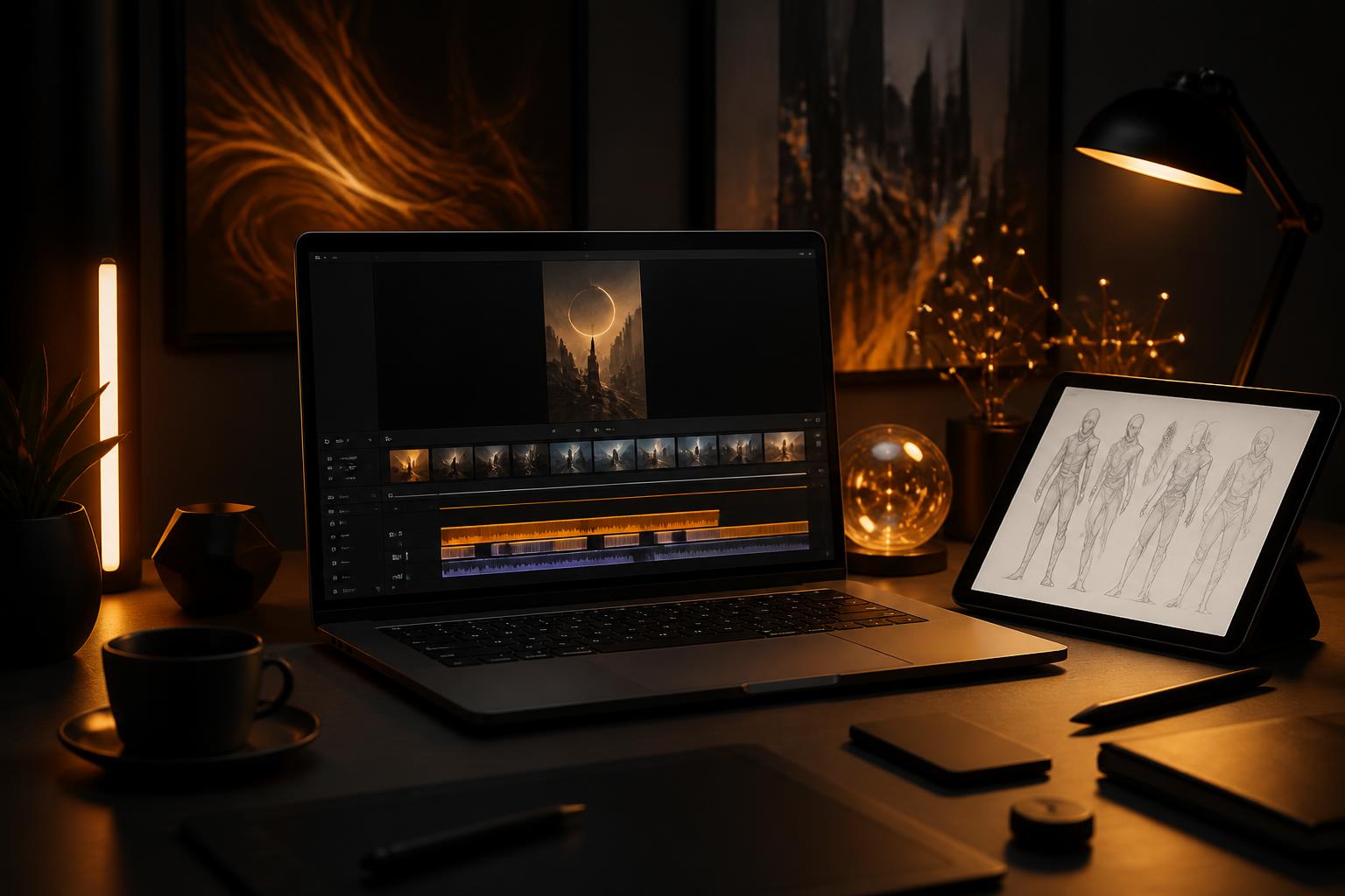 A dark creative workspace with a laptop showing a short-form video timeline and a tablet displaying virtual character concept sketches