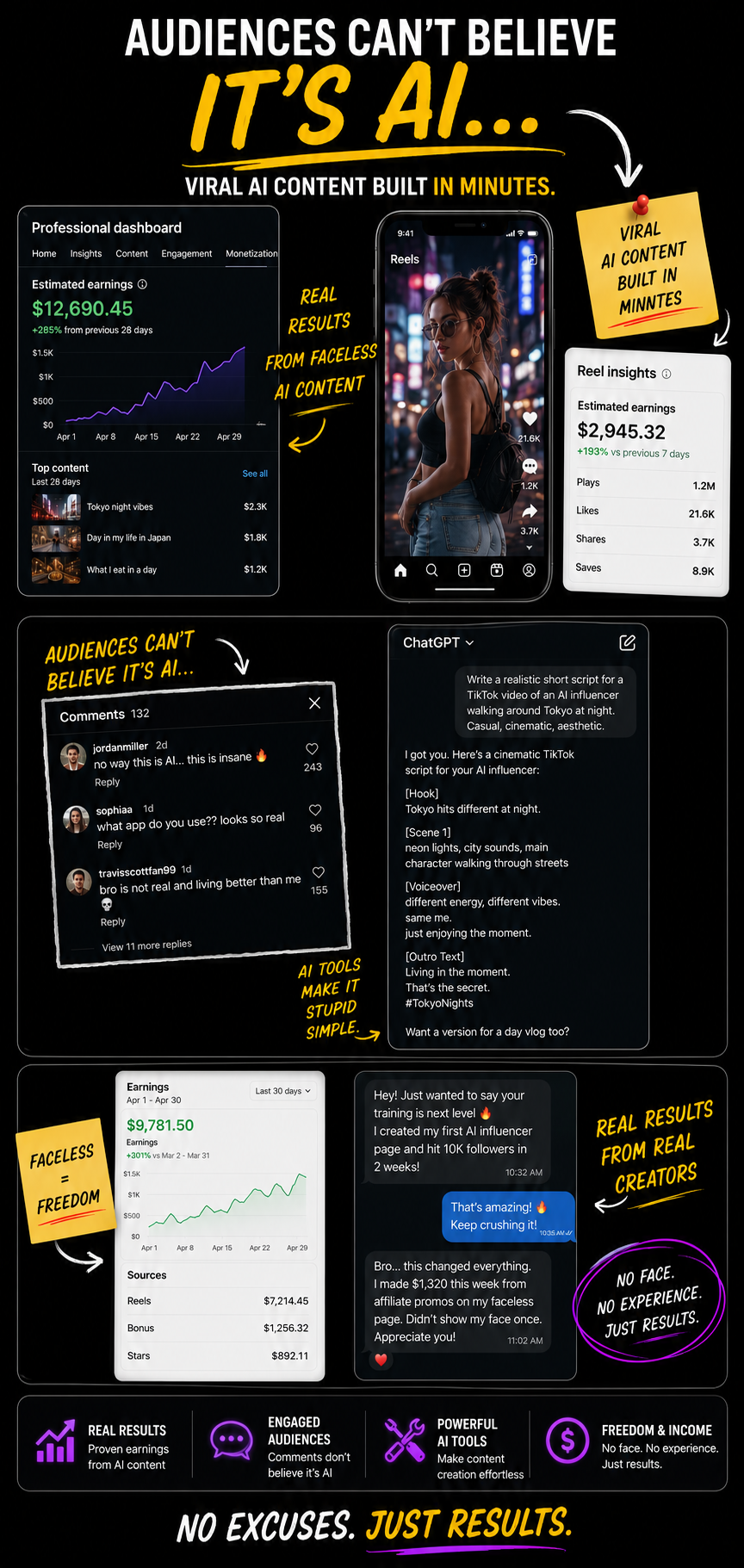Real results from faceless AI creators — dashboards, viral comments, and monetization screenshots